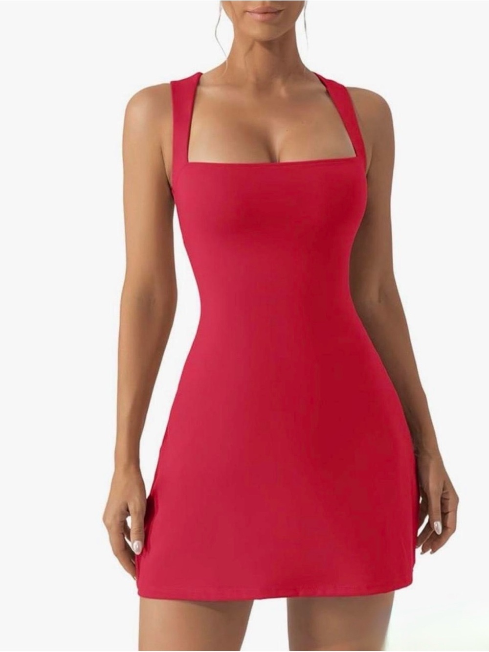 Amazon Qinsen Red Square Neck Mini Athletic Compression Mini Dress Medium NWT